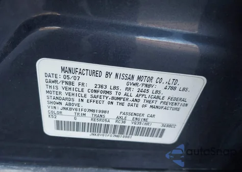 2007 Infiniti G35X from USA, damaged, VIN JNKBV61F07M819981